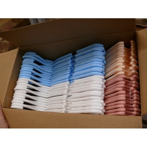 334 - 6 BOXES OF NEW BABY COAT HANGERS IN 4 COLOURS (48 PER BOX)