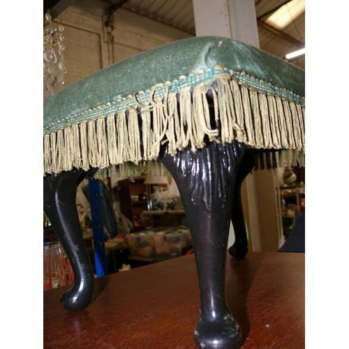 394 - SMALL STOOL ON CABRIOLE LEGS WITH VELVET FRINGED UPHOLSTERED SEAT