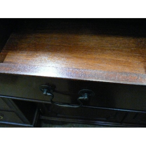 437 - MAHOGANY 2 DOOR CABINET WITH SWAN NECK HANDLES