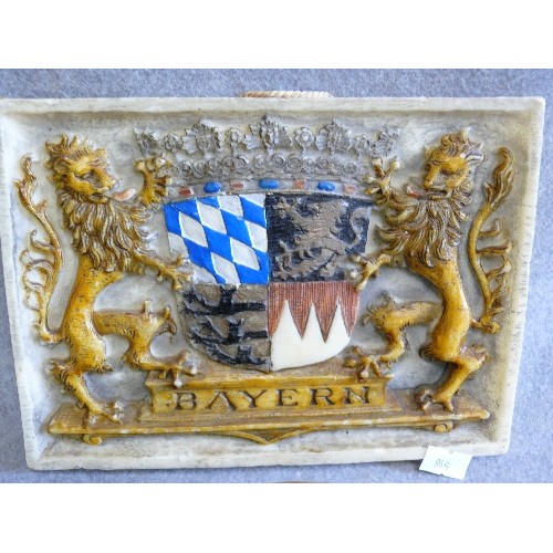 74 - A WAX PLAQUE FEATURING BAYERN AND A VINTAGE HORN