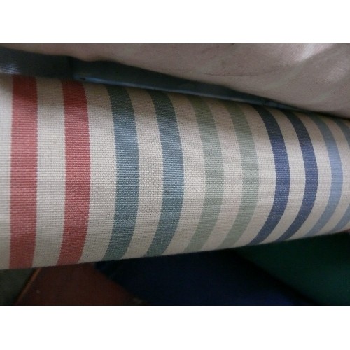 158 - 3 PART ROLLS OF FABRIC - VINYL CANDY STRIPE, RED STRIPE AND DUCK EGG BLUE POLKA DOT