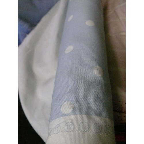 158 - 3 PART ROLLS OF FABRIC - VINYL CANDY STRIPE, RED STRIPE AND DUCK EGG BLUE POLKA DOT