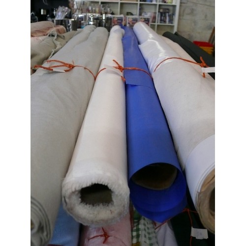 167 - 2 PART ROLLS OF VINYL FABRIC - 1 WHITE AND 1 BLUE