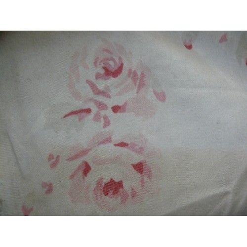 170 - A PART ROLL OF WHITE FABRIC WITH LOVELY PINK ROSE MOTIF