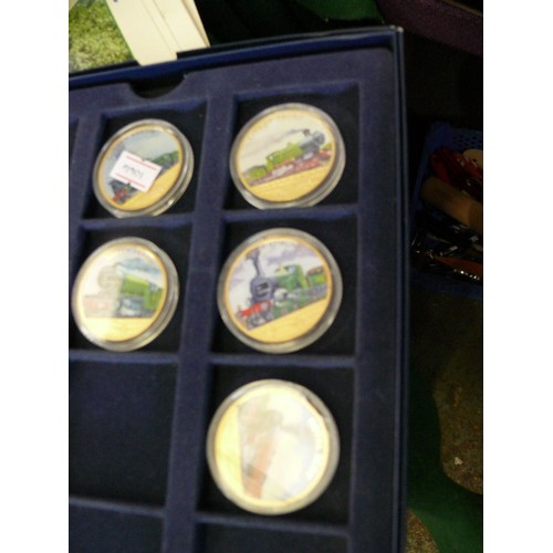 122 - A COLLECTION OF RAILWAY MEMORABILLIA TO INCLUDE 50P COINS, PLATES, MAGAZINES AND A FLYING SCOTSMAN R... 