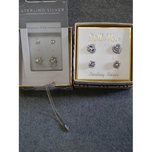 23 - 2 SETS OF SILVER EARRINGS BY STELLA ROSE PLUS CHARM BRACELET WITH 2 OTHER SETS OF EARRINGS IN SOLID ... 