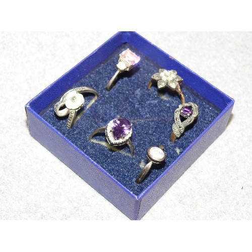 25 - A COLLECTION OF 6 VINTAGE SILVER RINGS ALL WITH SOME AGE - A MOON, PINK CRYSTAL, SEED PEARLS, MOTHER... 