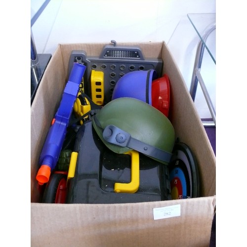 282 - A LARGE BOX OF TOY TOOLS AND ARMY EQUIPMENT