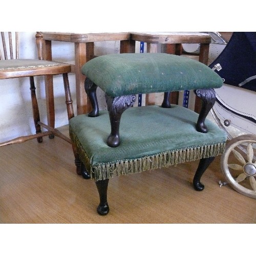 356 - SMALL STOOL ON CABRIOLE LEGS WITH VELVET FRINGED UPHOLSTERED SEAT PLUS A SMALLER ONE