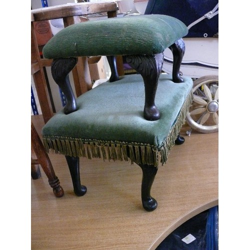 356 - SMALL STOOL ON CABRIOLE LEGS WITH VELVET FRINGED UPHOLSTERED SEAT PLUS A SMALLER ONE