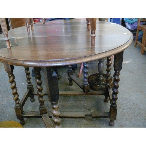 380 - WOODEN DROP LEAF TABLE WITH BARLEY TWIST LEGS