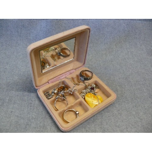 22 - A COLLECTION OF SILVER ITEMS IN JEWELLERY BOX - A SILVER CHARM BRACELET, THREE DIFFERENT RINGS ALL W... 