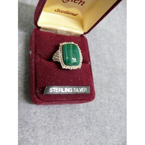 33 - A SOLID SILVER RING WITH A LOVELY GREEN STONE SIZE R