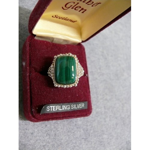 33 - A SOLID SILVER RING WITH A LOVELY GREEN STONE SIZE R