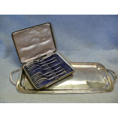 36 - A GRAND SET OF CAKE FORKS AND SERVER ON A SANDWICH SERVING TRAY BOTH IN S/PLATE