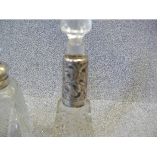 47 - TWO SILVER TOPPED CUT GLASS SCENT BOTTLES FOR DRESSING TABLE