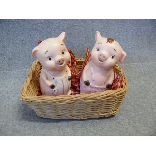 104 - PORCELAIN CRUET SET WITH PIG DESIGN, SALT AND PEPPER PIGGIES X 2 AND GOEBEL CAT SALT AND PEPPER POTS