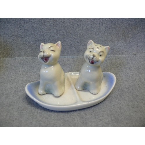 104 - PORCELAIN CRUET SET WITH PIG DESIGN, SALT AND PEPPER PIGGIES X 2 AND GOEBEL CAT SALT AND PEPPER POTS