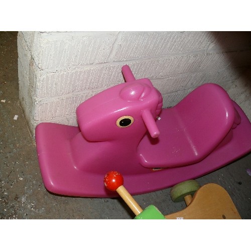 309 - TODDLERS ITEMS - BALANCE E BIKE, WOODEN TRIKE,  PINK ROCKING HORSE BY LITTLE TIKES ETC