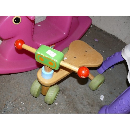 309 - TODDLERS ITEMS - BALANCE E BIKE, WOODEN TRIKE,  PINK ROCKING HORSE BY LITTLE TIKES ETC