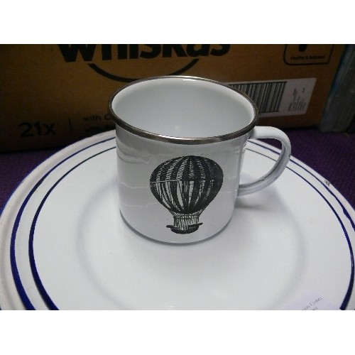 332 - 3 WHITE ENAMEL PLATES AND WHITE ENAMEL MUG