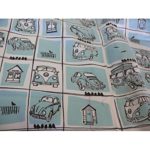 349G - RETRO STYLE SAMPLE  FABRIC ITEMS, BEETLE CAR AND VOLSWAGON -  TOILETRY BAG, APRON, TEACOZY ETC