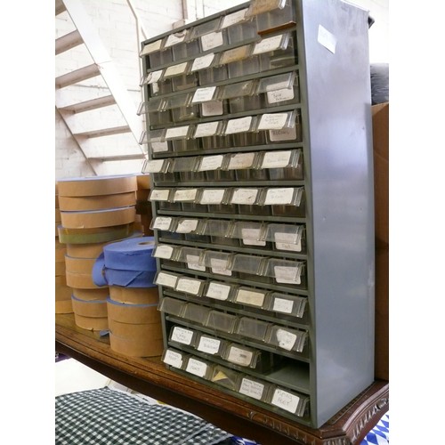 349L - COMPARTMENT CABINET WITH OVER 50 LITTLE DRAWERS, SOME CONTAINING  BROTHER SEWING MACHINE PARTS