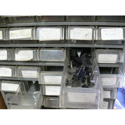 349L - COMPARTMENT CABINET WITH OVER 50 LITTLE DRAWERS, SOME CONTAINING  BROTHER SEWING MACHINE PARTS