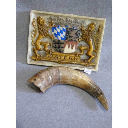 74 - A WAX PLAQUE FEATURING BAYERN AND A VINTAGE HORN