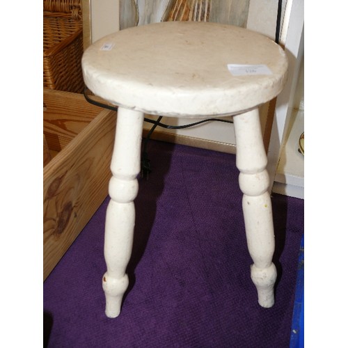 126 - A VINTAGE WOODEN WHITE PAINTED MILKING STOOL