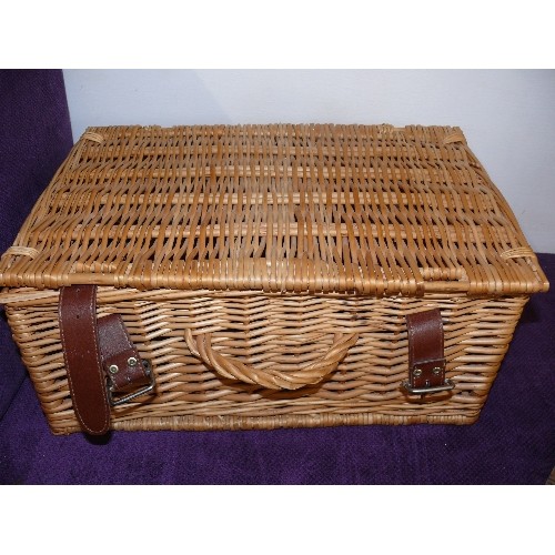 136 - A WICKER PICNIC BASKET AND A COIN SET OF BRITAINS FIRST DECIMAL COINS