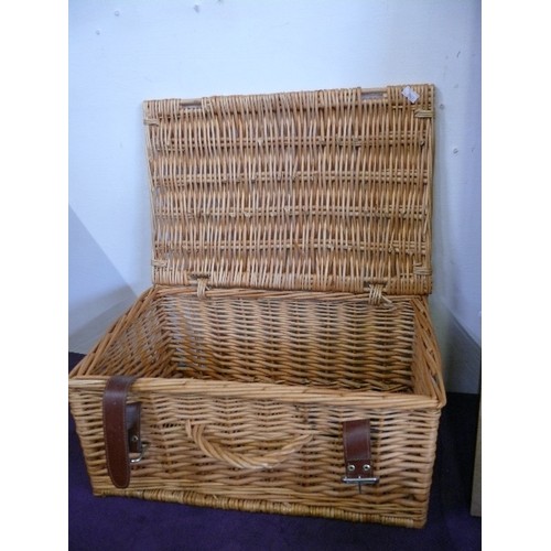 136 - A WICKER PICNIC BASKET AND A COIN SET OF BRITAINS FIRST DECIMAL COINS