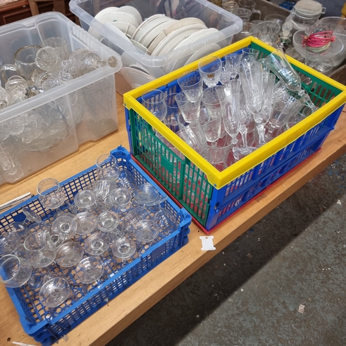 199D - 2 CRATES OF WINE GLASSES CHAMPAGNE FLUTES AND MIXED GLASSWARE