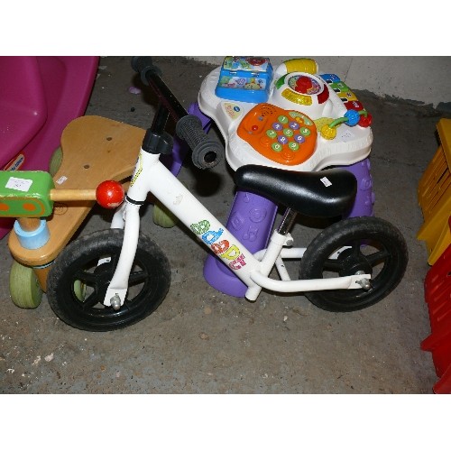 309 - TODDLERS ITEMS - BALANCE E BIKE, WOODEN TRIKE,  PINK ROCKING HORSE BY LITTLE TIKES ETC