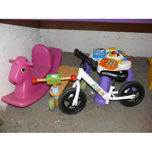 309 - TODDLERS ITEMS - BALANCE E BIKE, WOODEN TRIKE,  PINK ROCKING HORSE BY LITTLE TIKES ETC