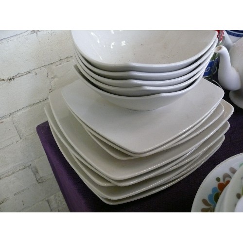 314 - STACKING COFFEE CUPS, MARKS AND SPENCER 'ANDANTE SQUARE' PART DINNER SET PLUS 2 TEAPOTS