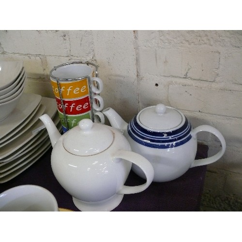 314 - STACKING COFFEE CUPS, MARKS AND SPENCER 'ANDANTE SQUARE' PART DINNER SET PLUS 2 TEAPOTS