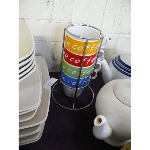 314 - STACKING COFFEE CUPS, MARKS AND SPENCER 'ANDANTE SQUARE' PART DINNER SET PLUS 2 TEAPOTS