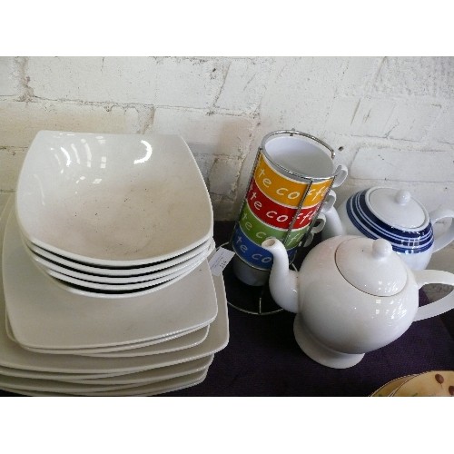 314 - STACKING COFFEE CUPS, MARKS AND SPENCER 'ANDANTE SQUARE' PART DINNER SET PLUS 2 TEAPOTS