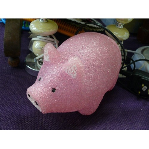 327 - PINK PIGGY LAMP AND A PAIR OF BEDSIDE LAMPS IN CHAMPAGNE COLOUR