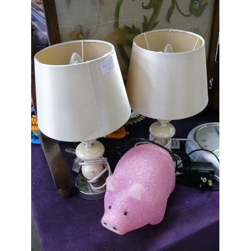 327 - PINK PIGGY LAMP AND A PAIR OF BEDSIDE LAMPS IN CHAMPAGNE COLOUR