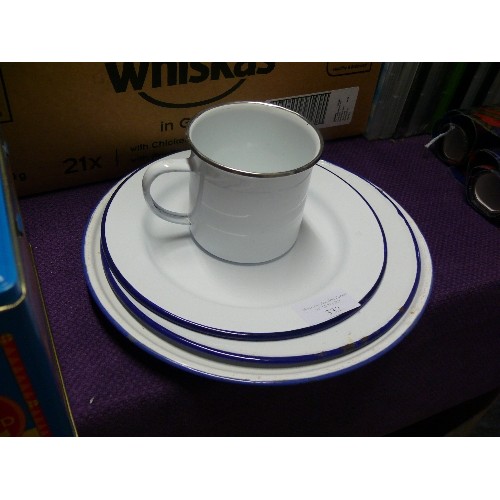 332 - 3 WHITE ENAMEL PLATES AND WHITE ENAMEL MUG