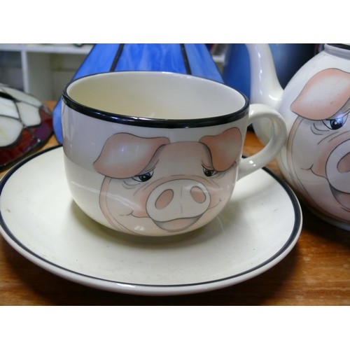 344A - PIG MOTIF TEAPOT WITH MATCHING CUP AND SAUCER PLUS A ONE PERSON TEAPOT/CUP