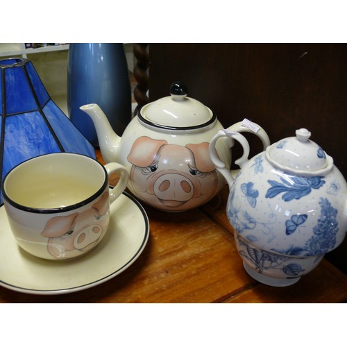 344A - PIG MOTIF TEAPOT WITH MATCHING CUP AND SAUCER PLUS A ONE PERSON TEAPOT/CUP