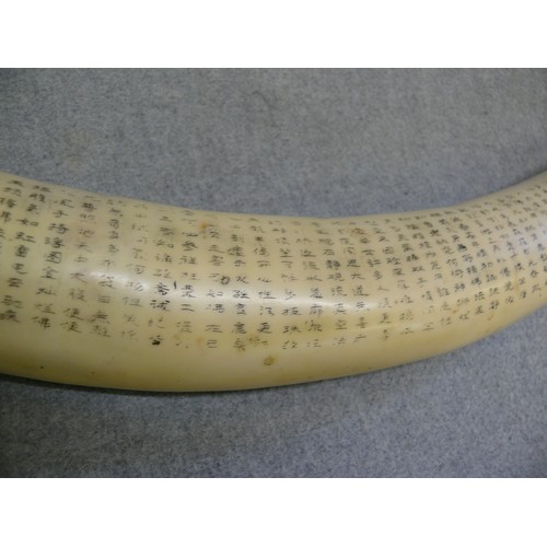 2 - A LARGE ORIENTAL IVORINE HORN WITH BEAUTIFUL SCRIMSHAW DECORATION