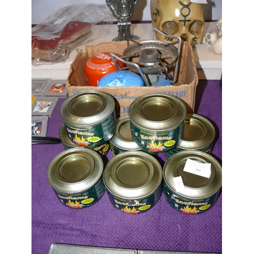 64 - CAMPING GAS STOVES AND 8 NEW TINS OF ECOFLAME WARMING GEL