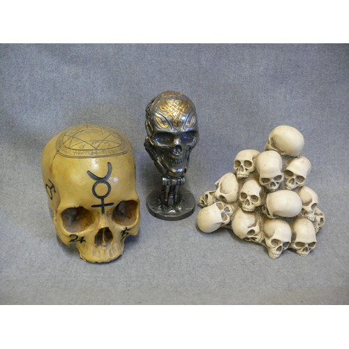 71 - 3 VARIOUS SKULL ORNAMENTS - 1 STEAM PUNK STYLE, 1 ALCHEMY AND A PILE OF SKULLS