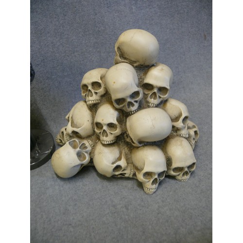 71 - 3 VARIOUS SKULL ORNAMENTS - 1 STEAM PUNK STYLE, 1 ALCHEMY AND A PILE OF SKULLS