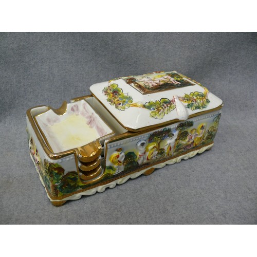 88 - A BEAUTIFUL MURMAC PORCELAIN CAPODIMONTE SMOKERS SET WITH 3 ASHTRAYS FEATURING HUNTNG SCENE (HINGE N... 