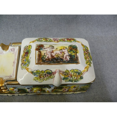 88 - A BEAUTIFUL MURMAC PORCELAIN CAPODIMONTE SMOKERS SET WITH 3 ASHTRAYS FEATURING HUNTNG SCENE (HINGE N... 